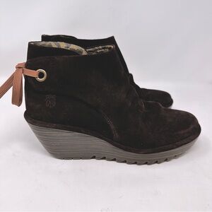 FLY London Yebi Suede Wedge Ankle Boots Brown Size 41 US 10